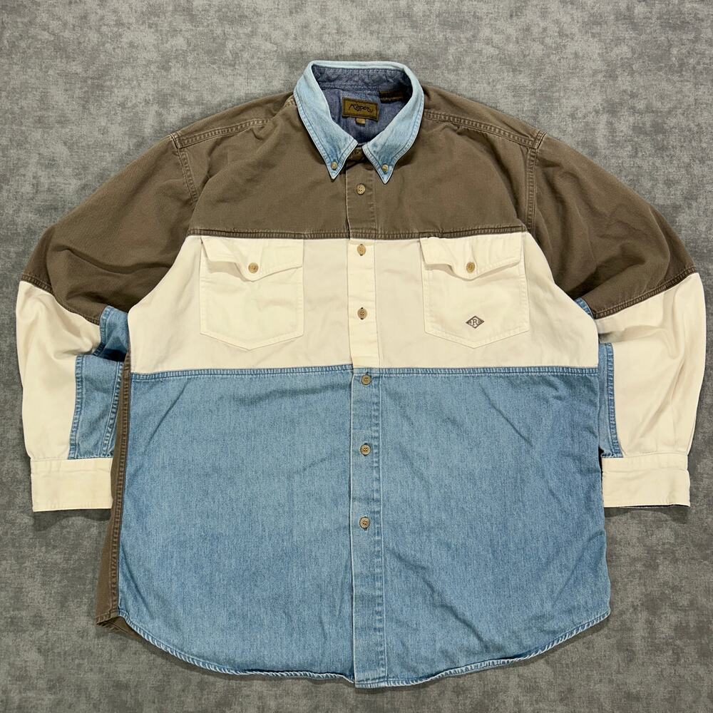 Vintage Roper Western Shirt Mens XL Color Block Denim Grey Cream Blue Button up